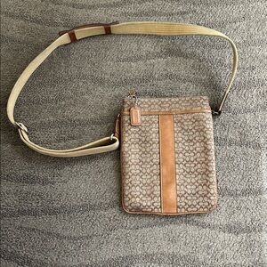 Coach Beige Signature Crossbody with Tan Leather Trim